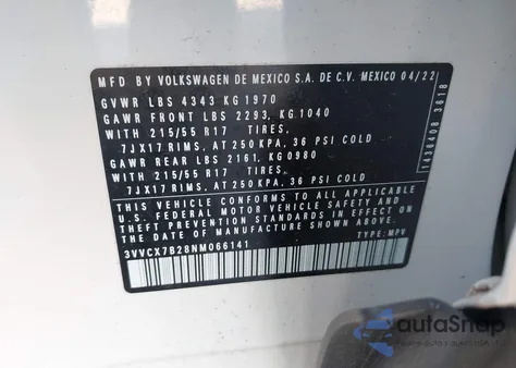 2022 Volkswagen Taos 1.5T S z USA, uszkodzony, nr VIN 3VVCX7B28NM066141